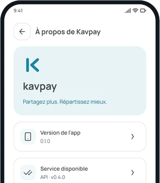 L'écran À propos de Kavpay dans l'app
