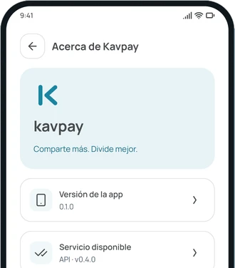 La pantalla Acerca de Kavpay en la app