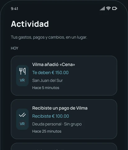 La pantalla Actividad de la app