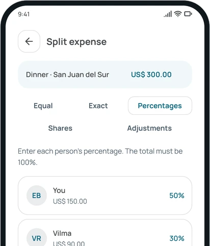 Splitting an expense by percentages in the app