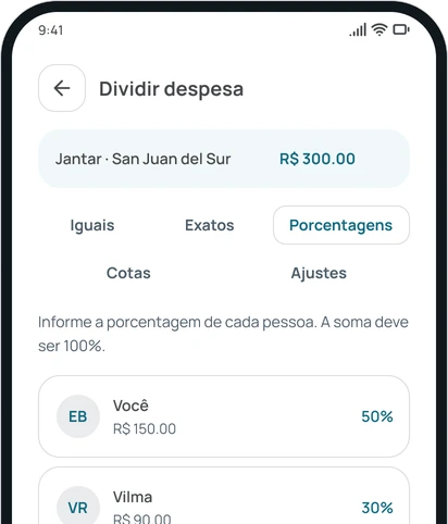 Dividir uma despesa por porcentagens no app